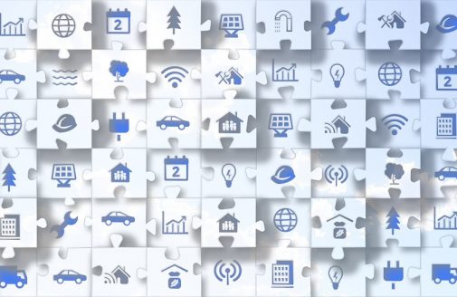 Puzzle pieces with work, technology, and nature icons.