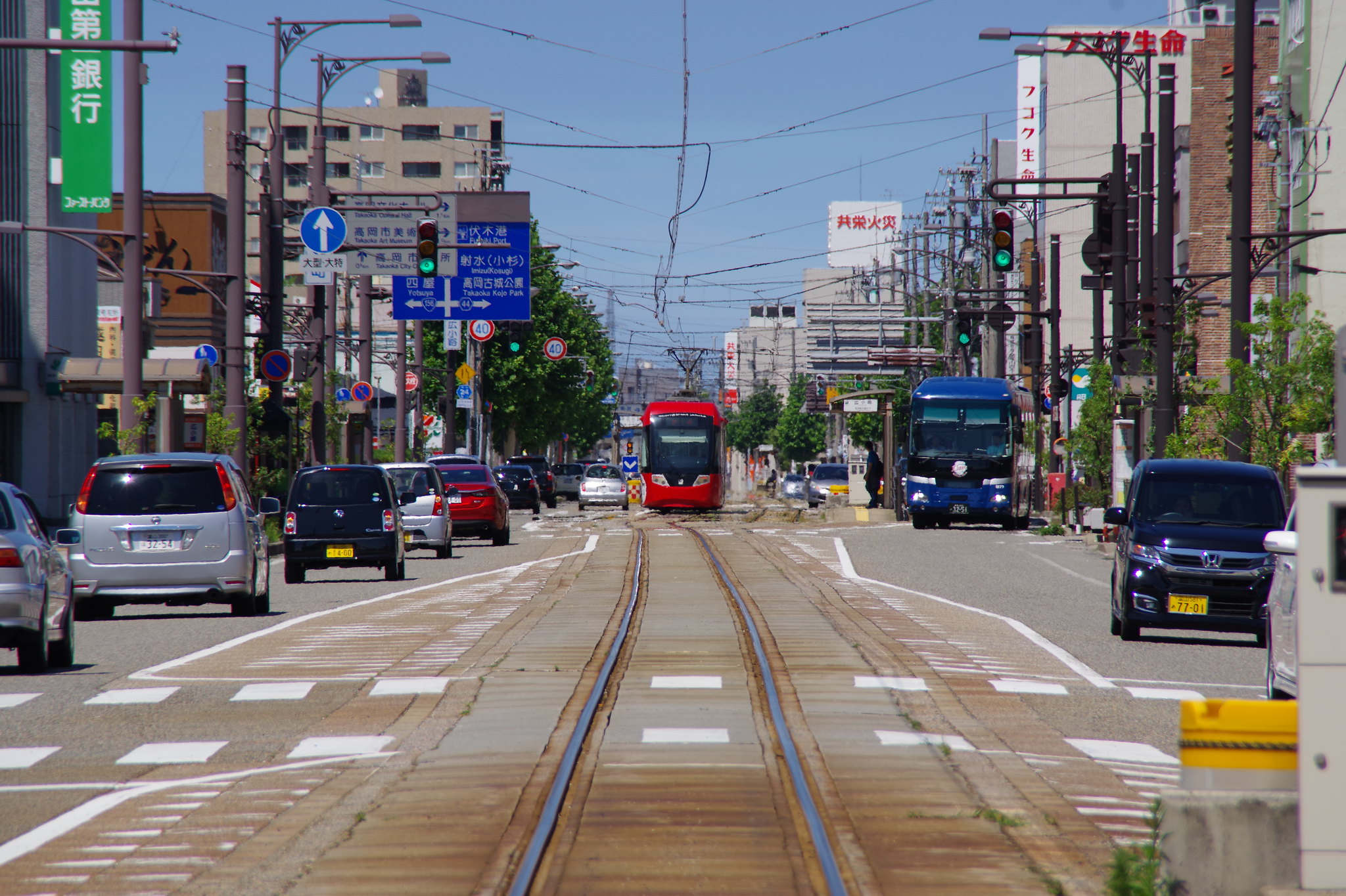 Takaoka City, Japan street in summer heat.