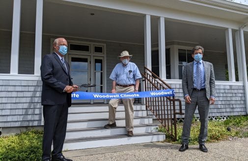 George Woodwell about to cut the ribbon for the launch of Woodwell Climate Research Center.