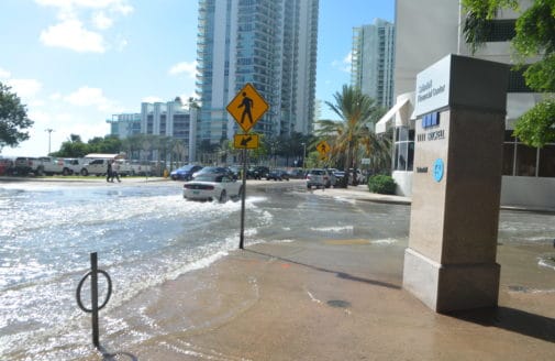 Water covering street and sidewalk
