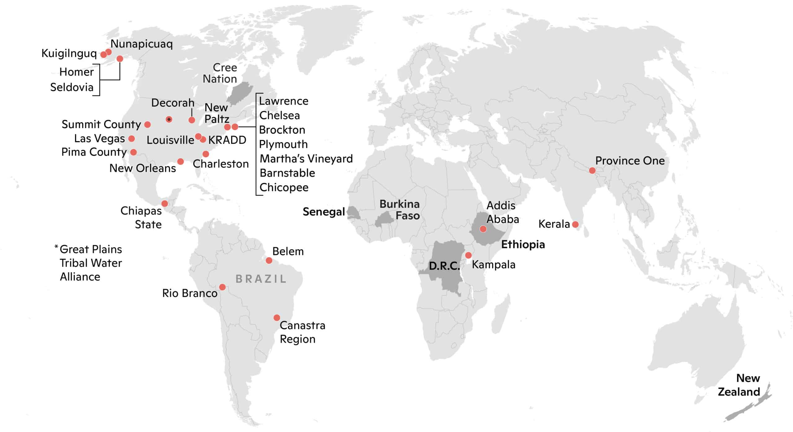 World map showing over twenty locations where risk assessments are being done or have been completed.