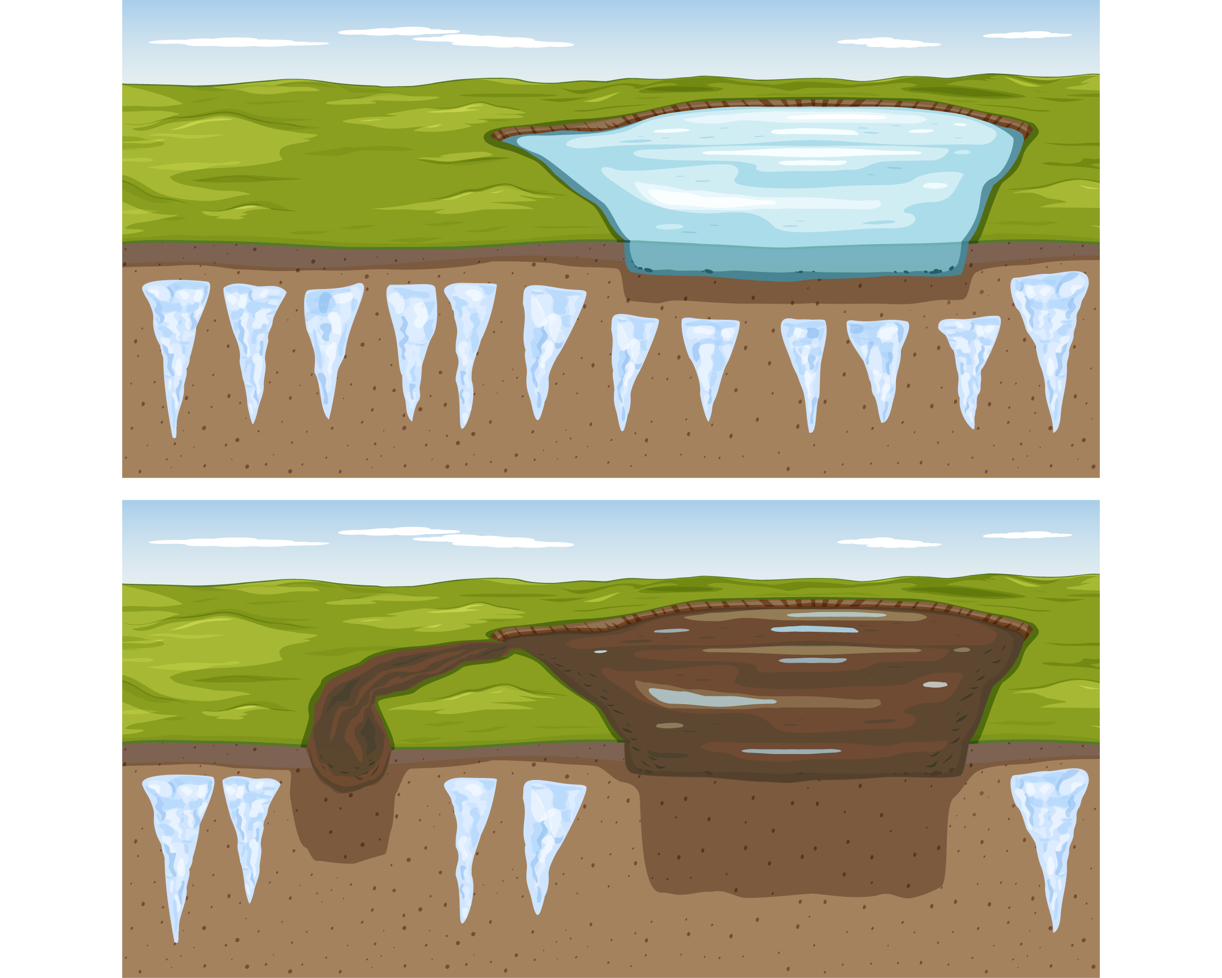 illustration of arctic lake drainage channels in thawed permafrost