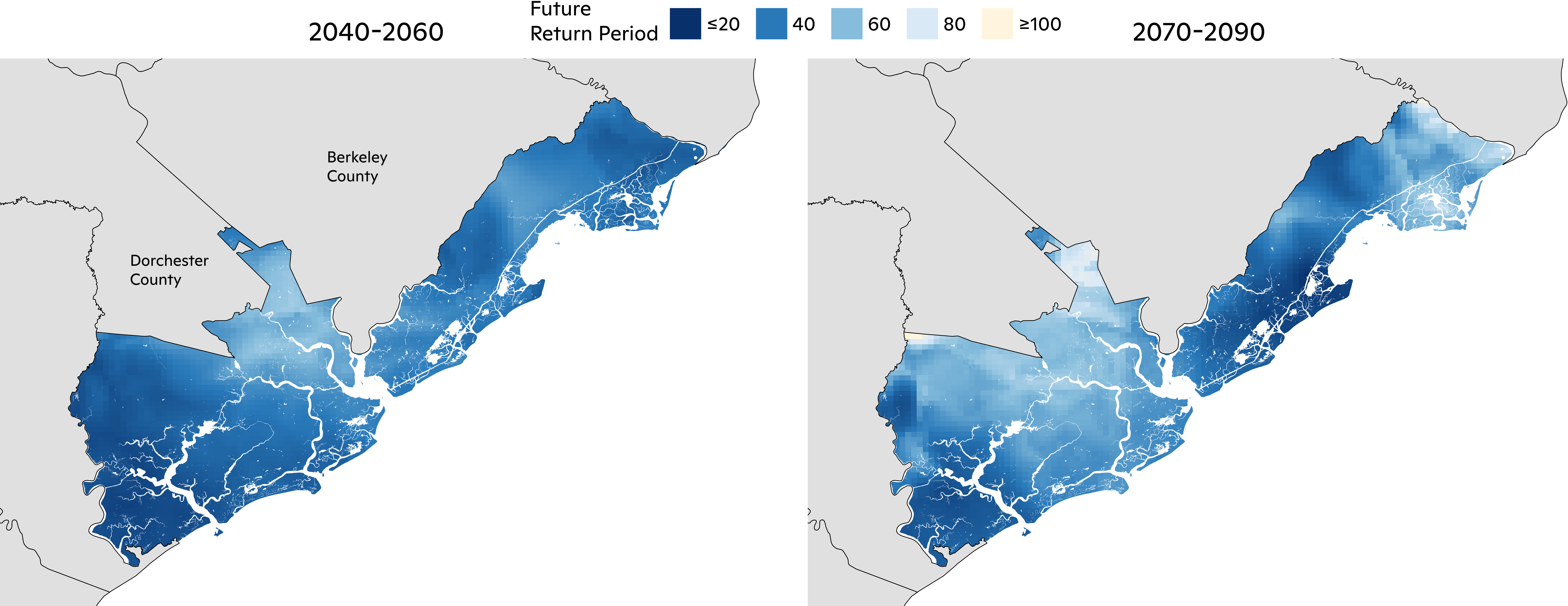 Mid and Late-21st Century Change in Historical 100-Year Return Period.
