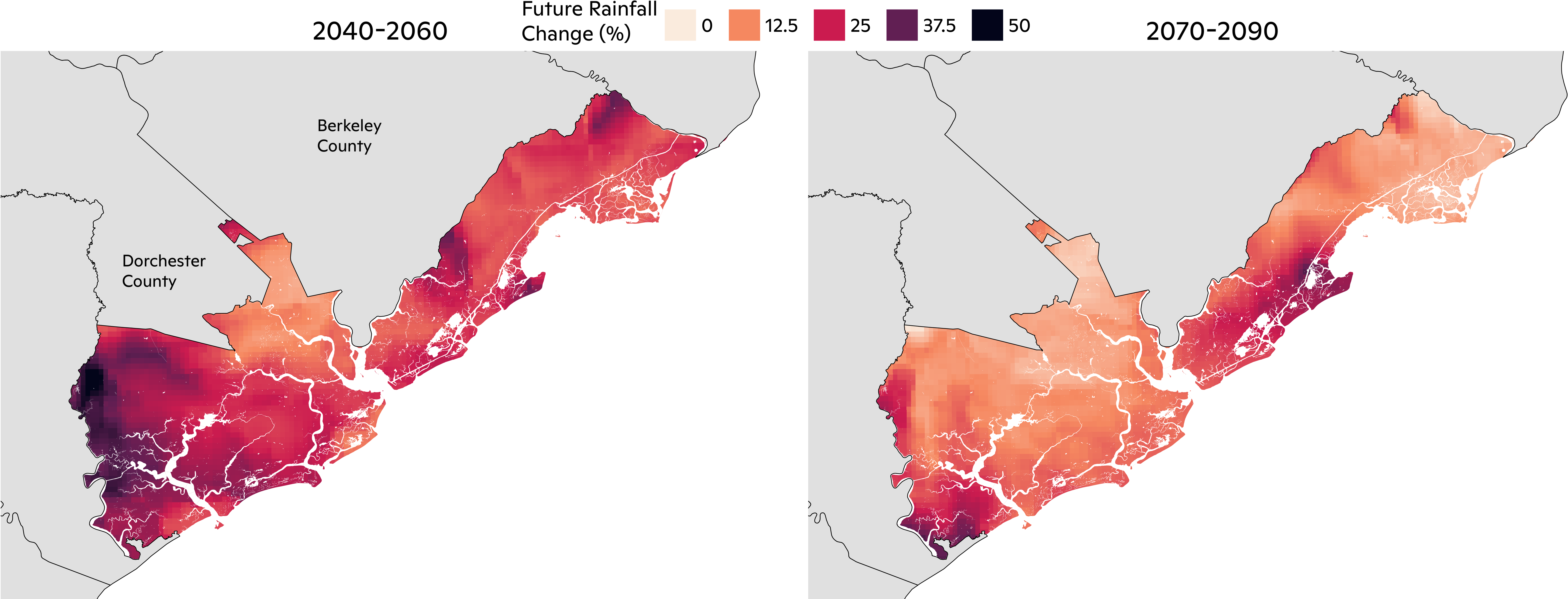 Mid and Late-21st Century Percent Change in Historical 100-Year Rainfall.