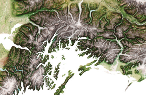 A close-up of a colorful, detailed topographical map of Alaska