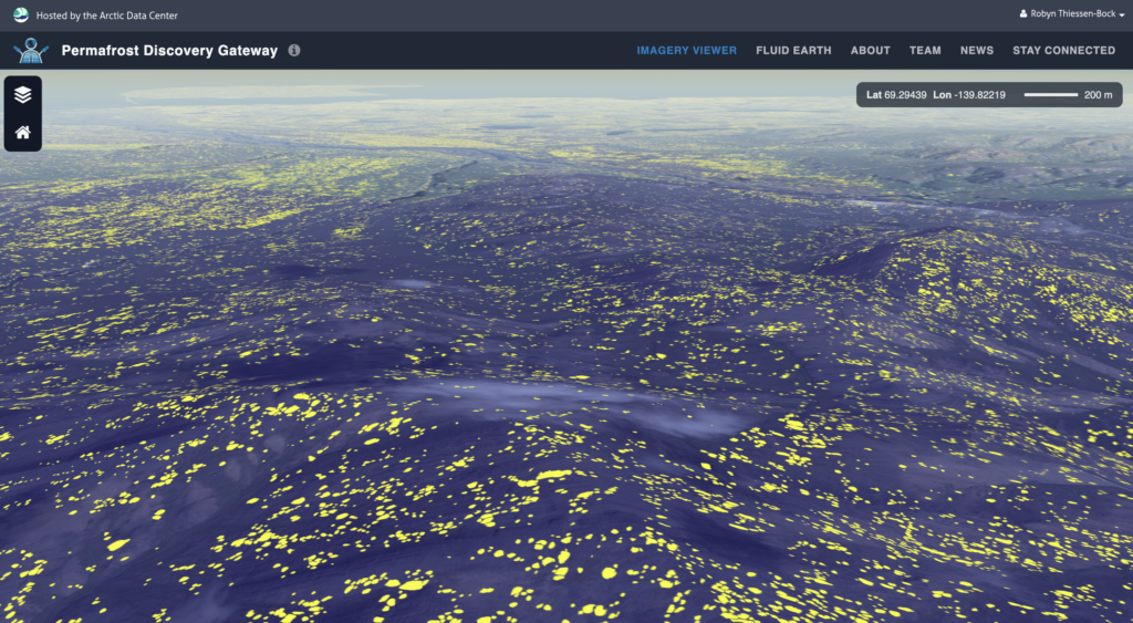 A screengrab from the PDG Imagery Viewer showing yellow polygons on the landscape representing permafrost