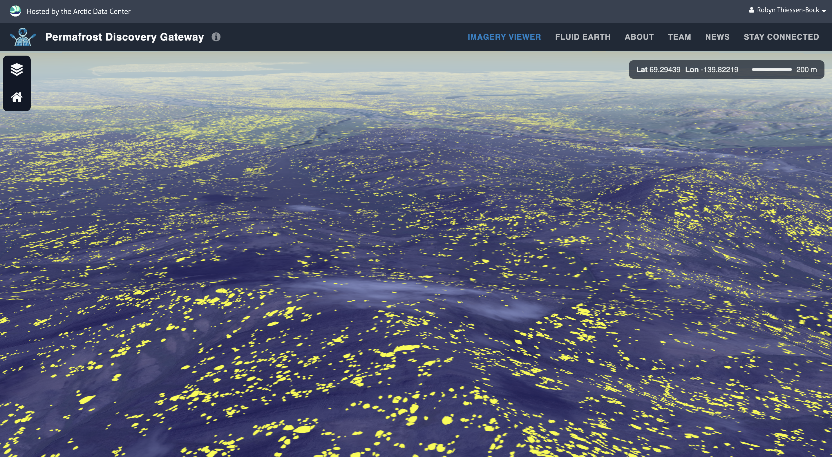 A screengrab from the PDG Imagery Viewer showing yellow polygons on the landscape representing permafrost