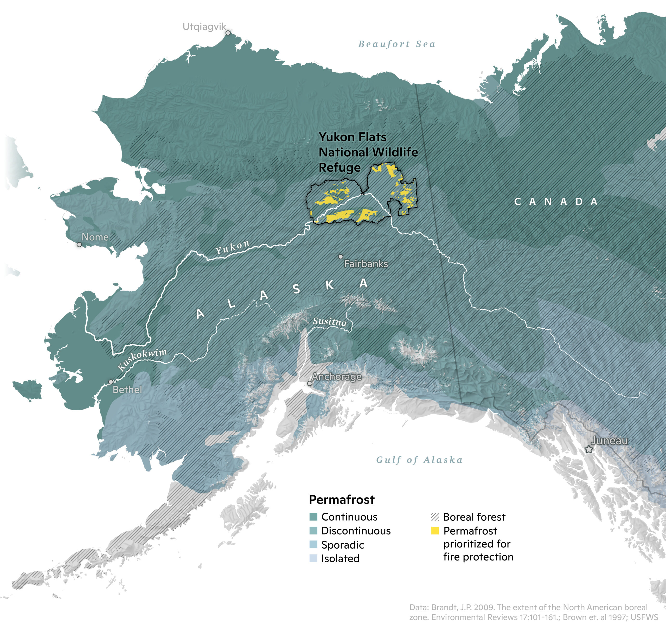 Map of Yukon Flats showing permafrost present within the park in yellow patches