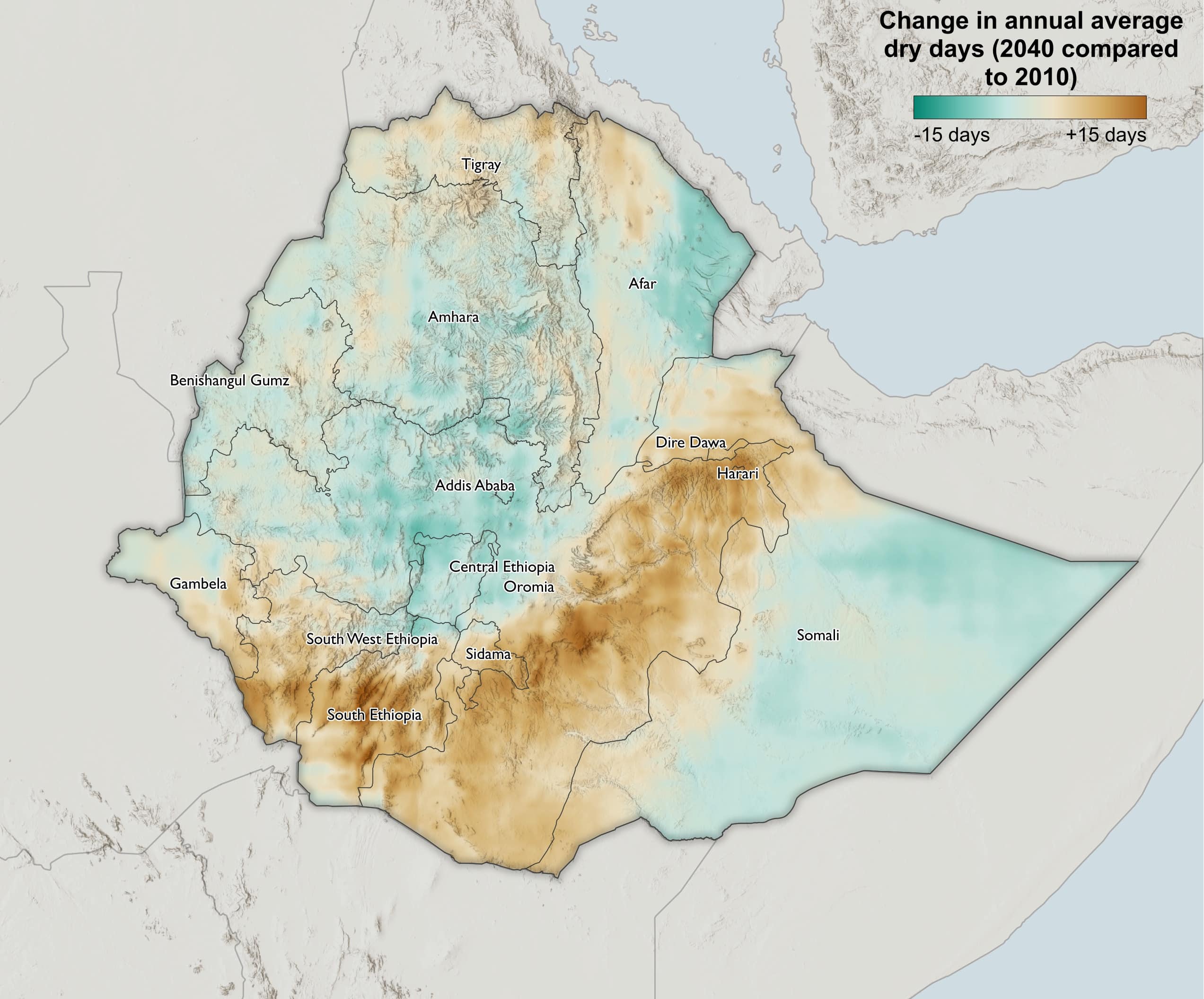 a map of ethiopia, showing a decrease of dry days in the eastern and western regions of the country, and an increase of dry days in the center of the country