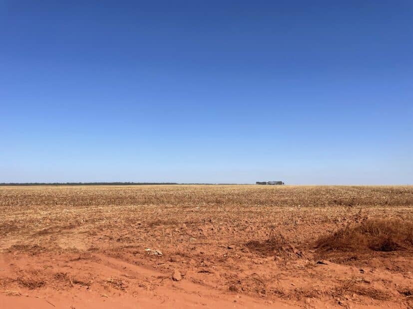 a bright blue sky over orange soil of a barren field