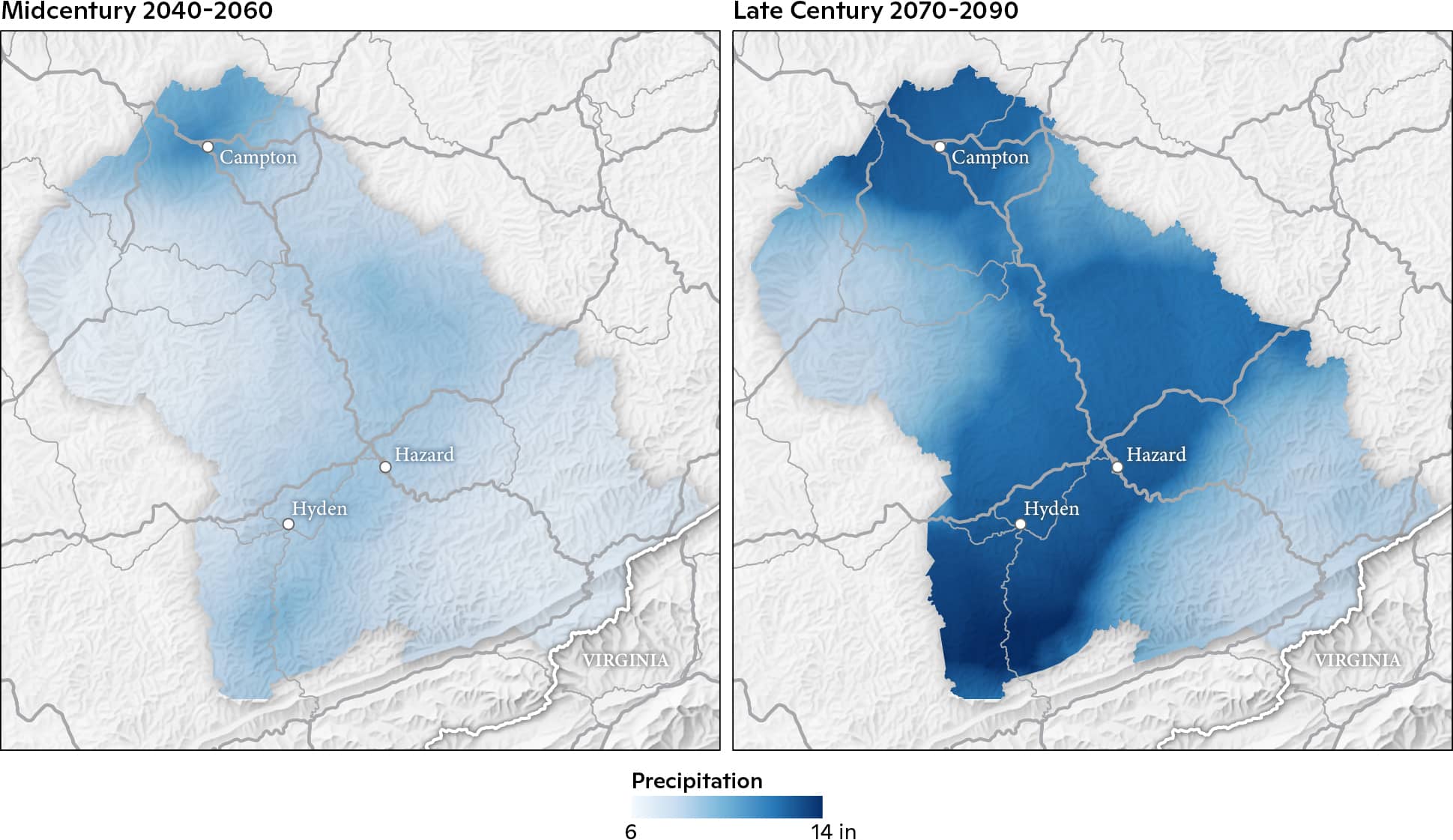 Mid- and late-21st century change in historical 100-year rainfall.