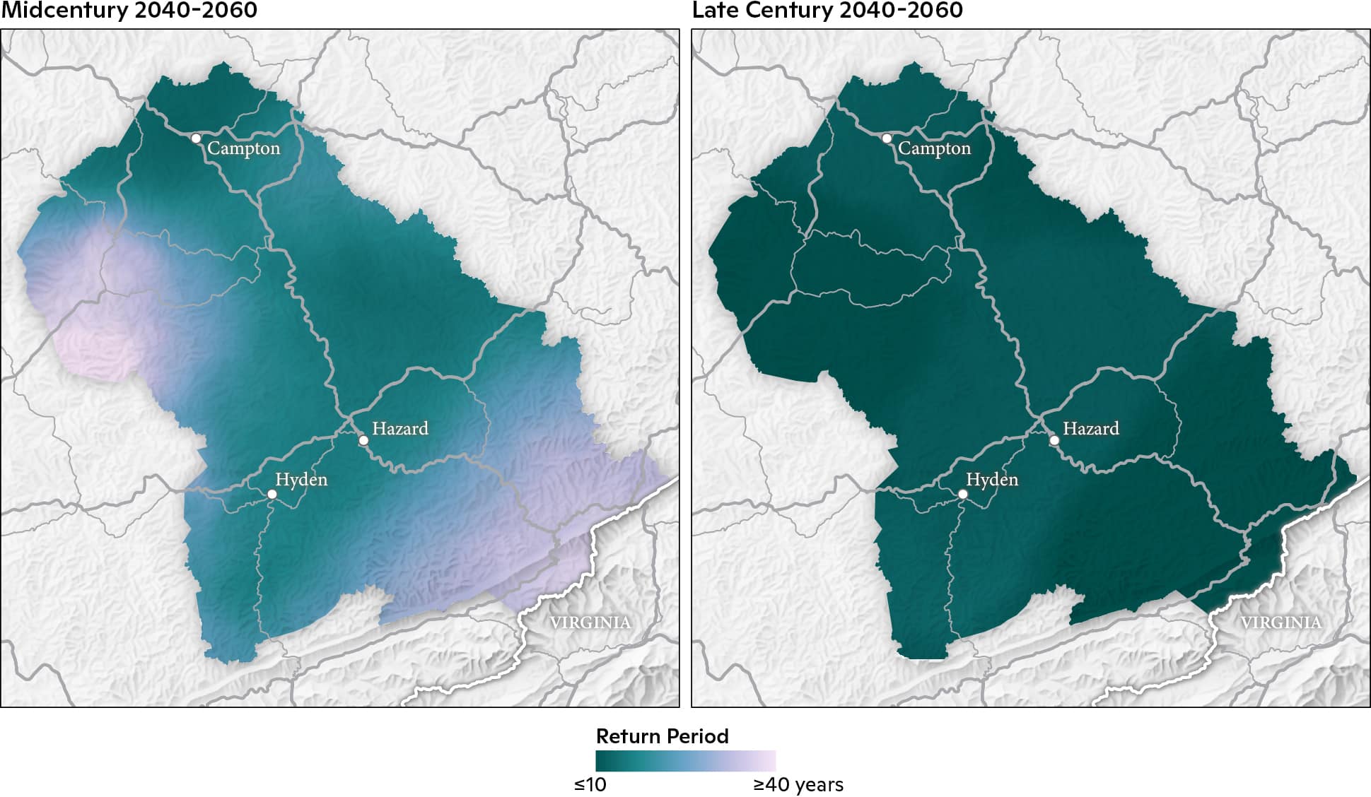 Mid- and late-21st century change in present-day 100-year return period comparison maps