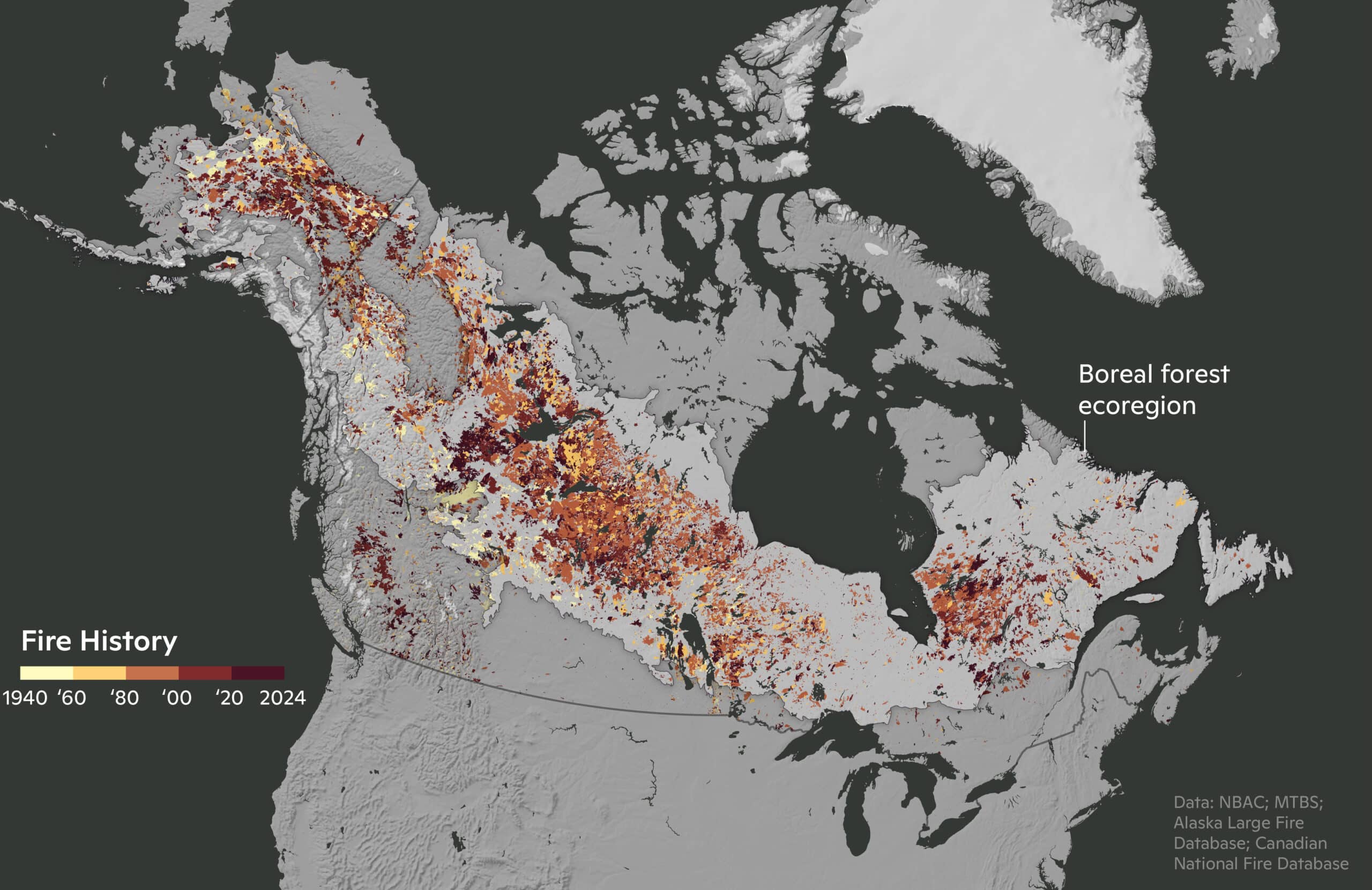 a map of canada and alaska showing the year that each area within the boreal forest was burnt