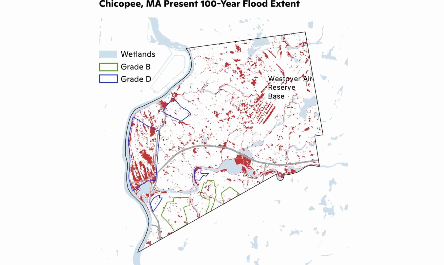 Present-day 100-year flood map of Chicopee, Massachusetts.