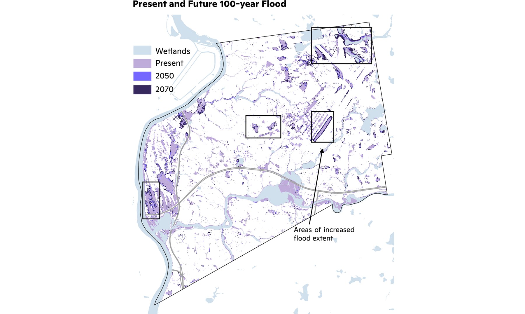 Present-day and future 100-year flood of Chicopee, Massachusetts.