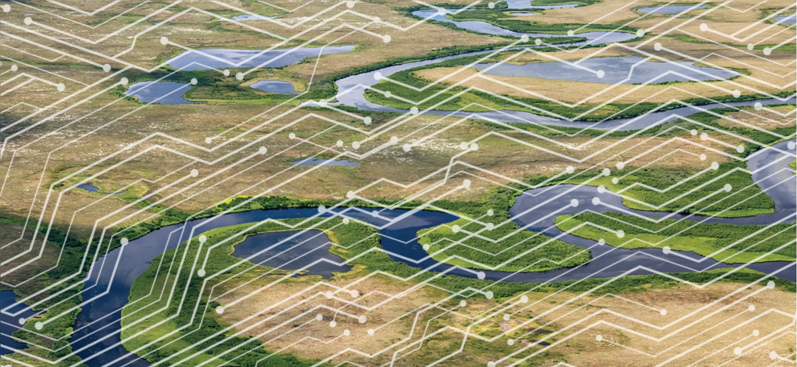 An aerial tundra photo overlaid with a representation of computer networks.