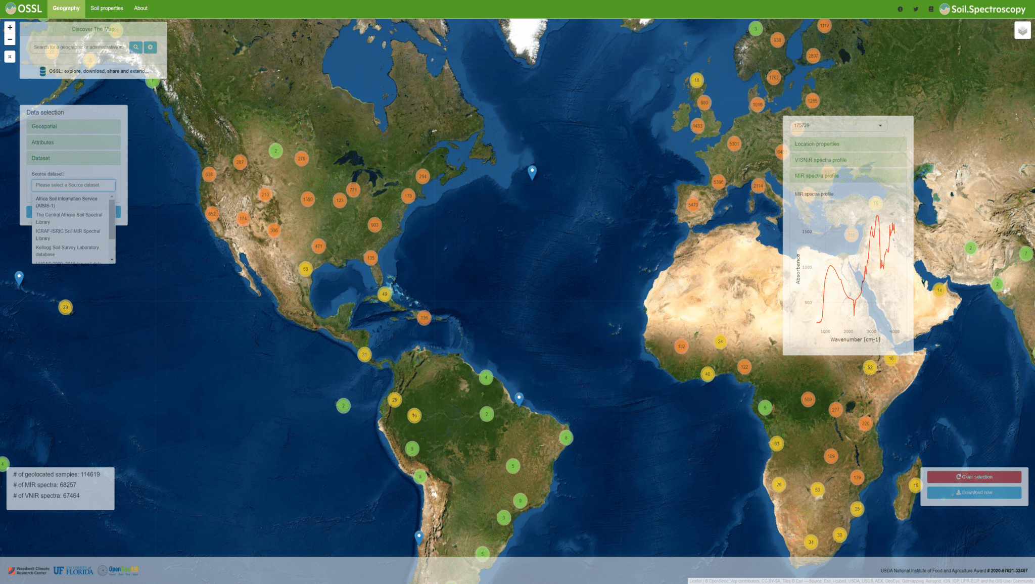 screenshot of world map with marked locations from explorer.soilspectroscopy.org