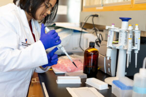 a woman in a white lab coat and purple gloves uses a pipette in the lab