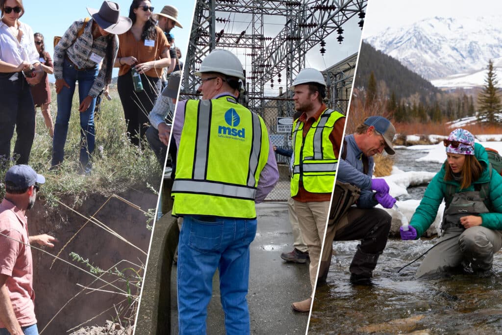 collage of soil, risk, and water work.
