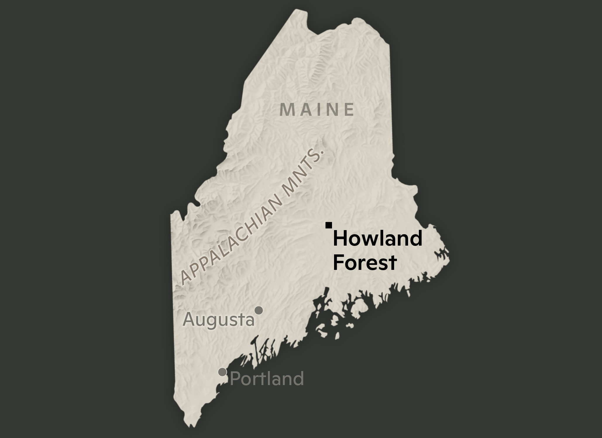 grey map of Maine with Howland forest located by a black dot in the southeast of the state