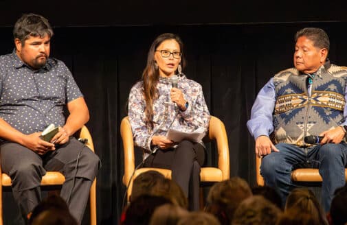 Brooke Woods speaking on a panel at Mountainfilm.