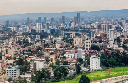 Residential districts with rapidly developing downtown of central business district of Ethiopian capital Addis Ababa, Ethiopia. Photo by Vadim Nefedov.
