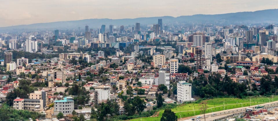 Residential districts with rapidly developing downtown of central business district of Ethiopian capital Addis Ababa, Ethiopia. Photo by Vadim Nefedov.