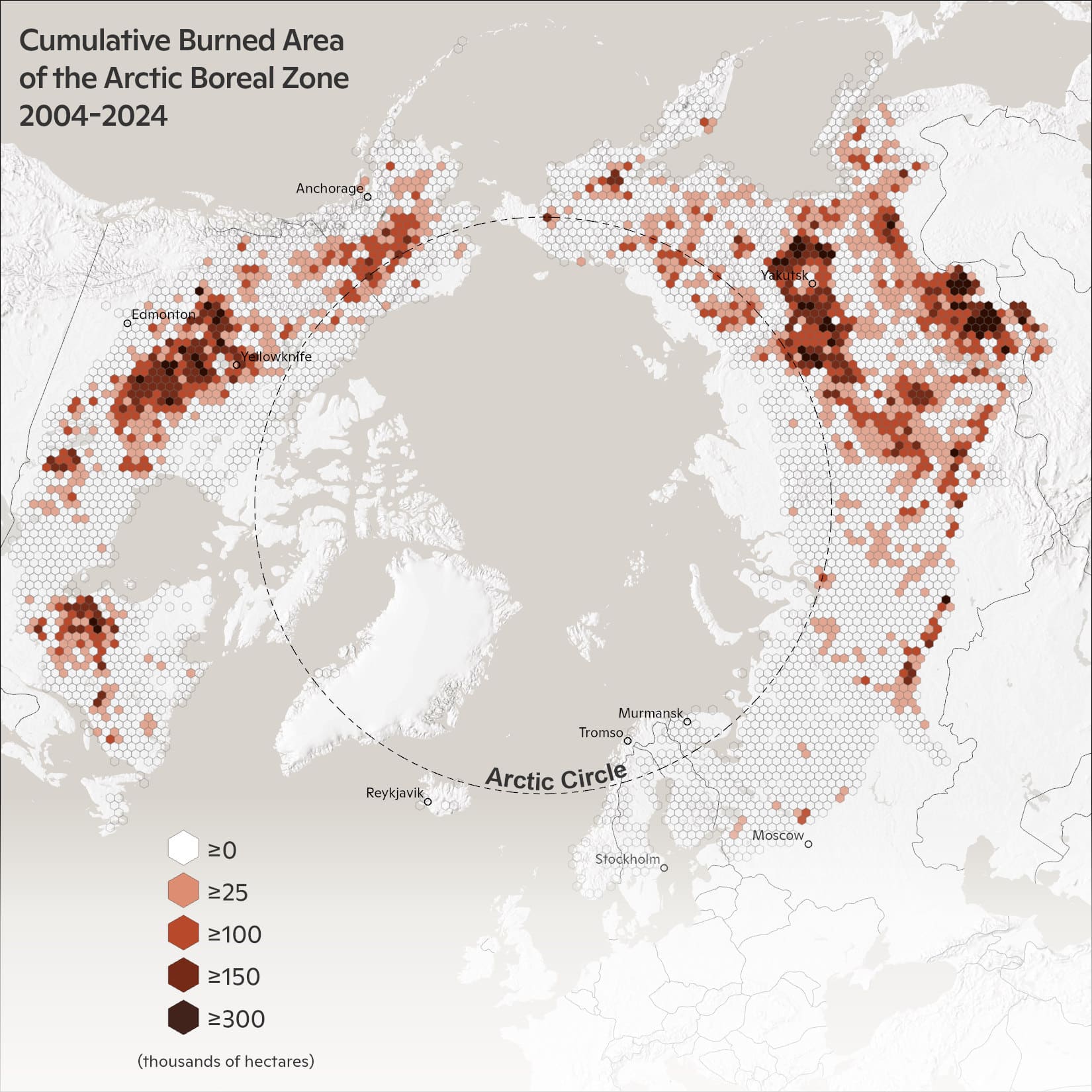 Cumulative burned area across the Arctic-boreal region between 2004-2024. Map by Greg Fiske