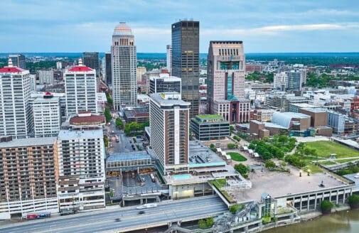 Downtown city aerial of Louisville, KY photo by Nicholas Klein