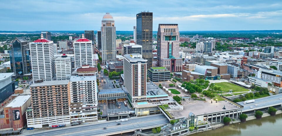 Downtown city aerial of Louisville, KY photo by Nicholas Klein