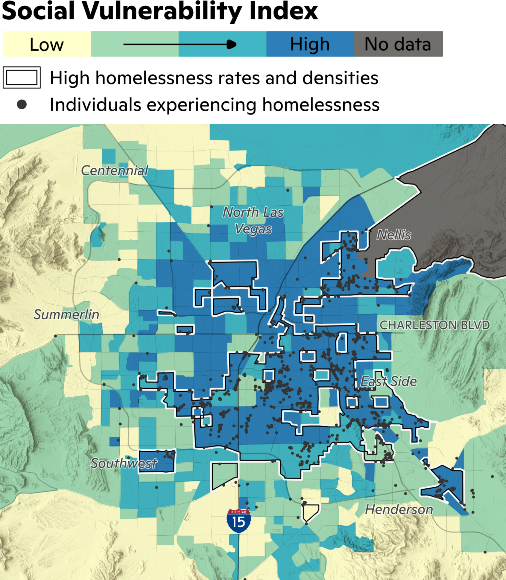 Map of the Las Vegas Valley showing concentrations of homeless individuals.