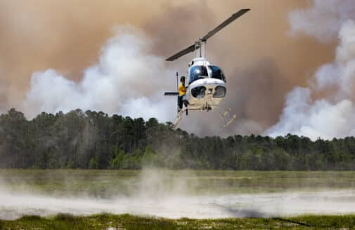 The ignition helicopter comes in for a landing during the April 2025 NASA FireSense-led research campaign at Fort Stewart-Hunter Army Airfield in Georgia.