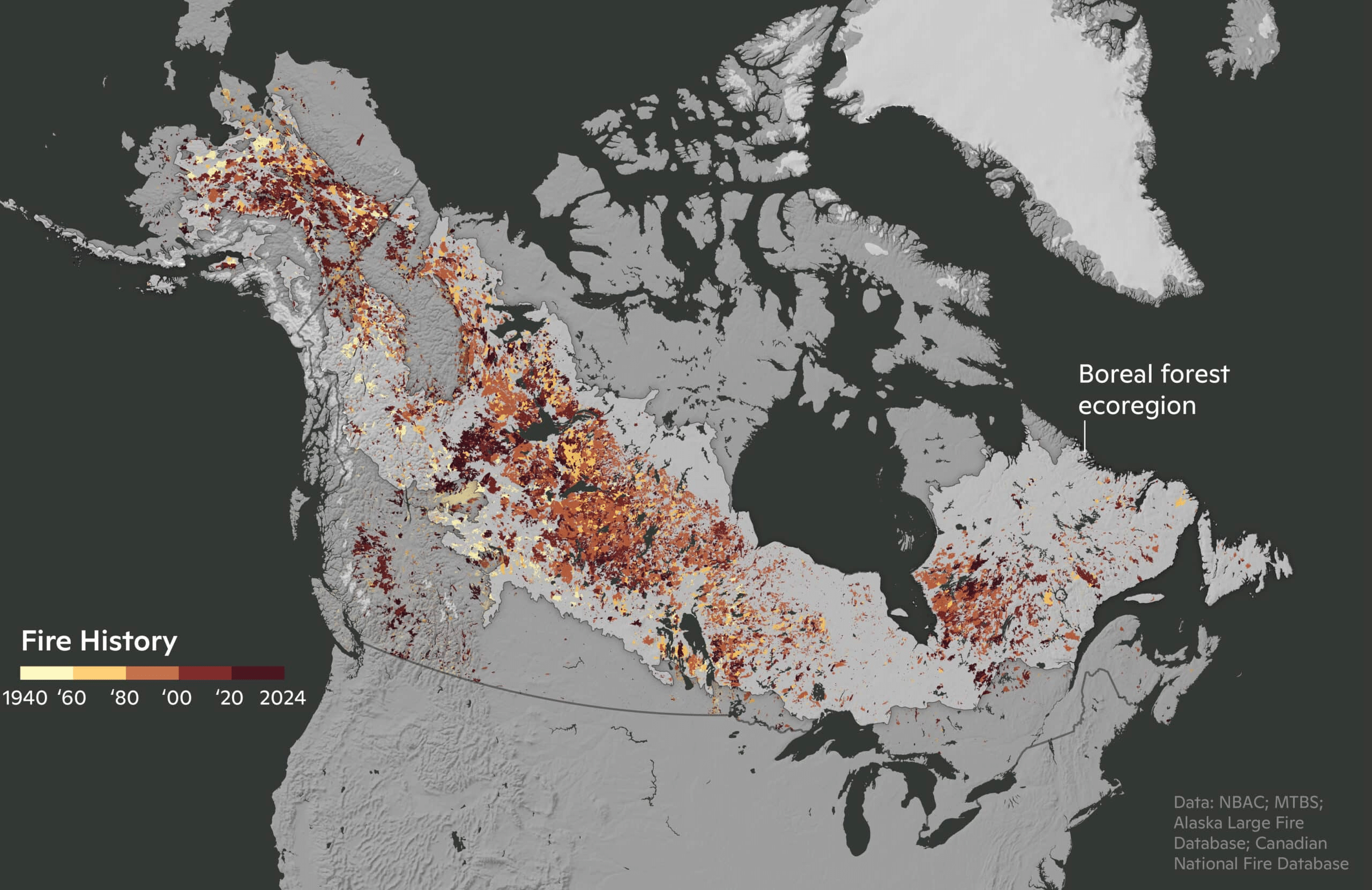 Fire history in the boreal forest ecoregion between 1940 and 2024. Map by Christina Shintani / Woodwell Climate Research Center