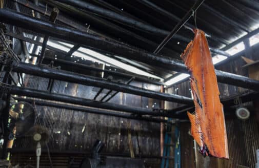 King salmon backbone hangs in a smokehouse.