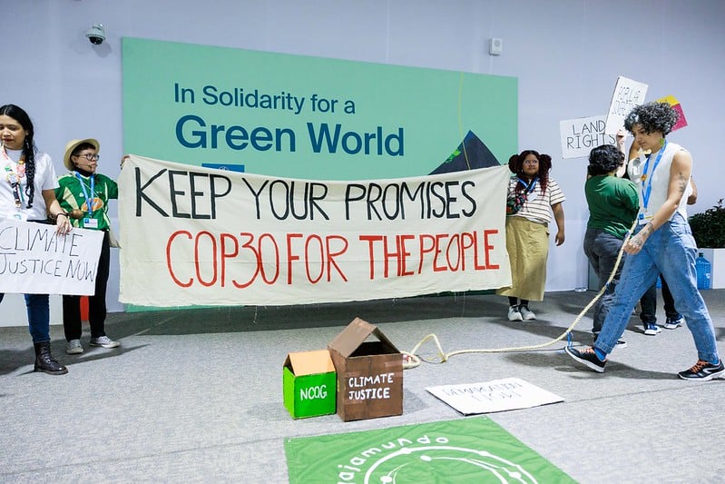 activists hold protest signs at cop29 in 2024