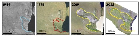 4 aerial images, showing an area in 1949, 1978, 2019, 2025. a neon line outlines the land impacted by thawing permafrost, an area that more than doubled from the first to last image