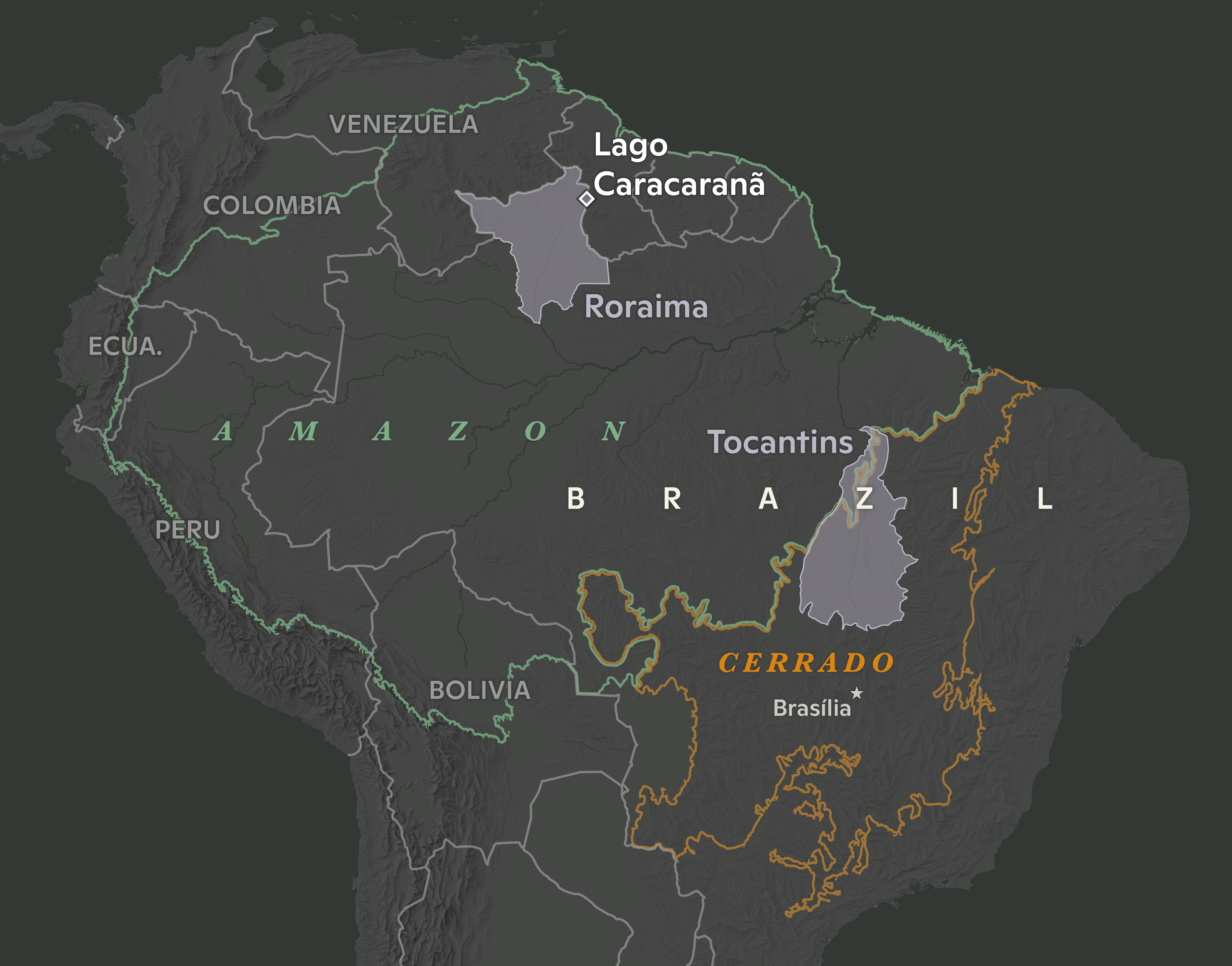 map of brazil showing roraima and xerente as well as the cerrado and amazon ecoregions