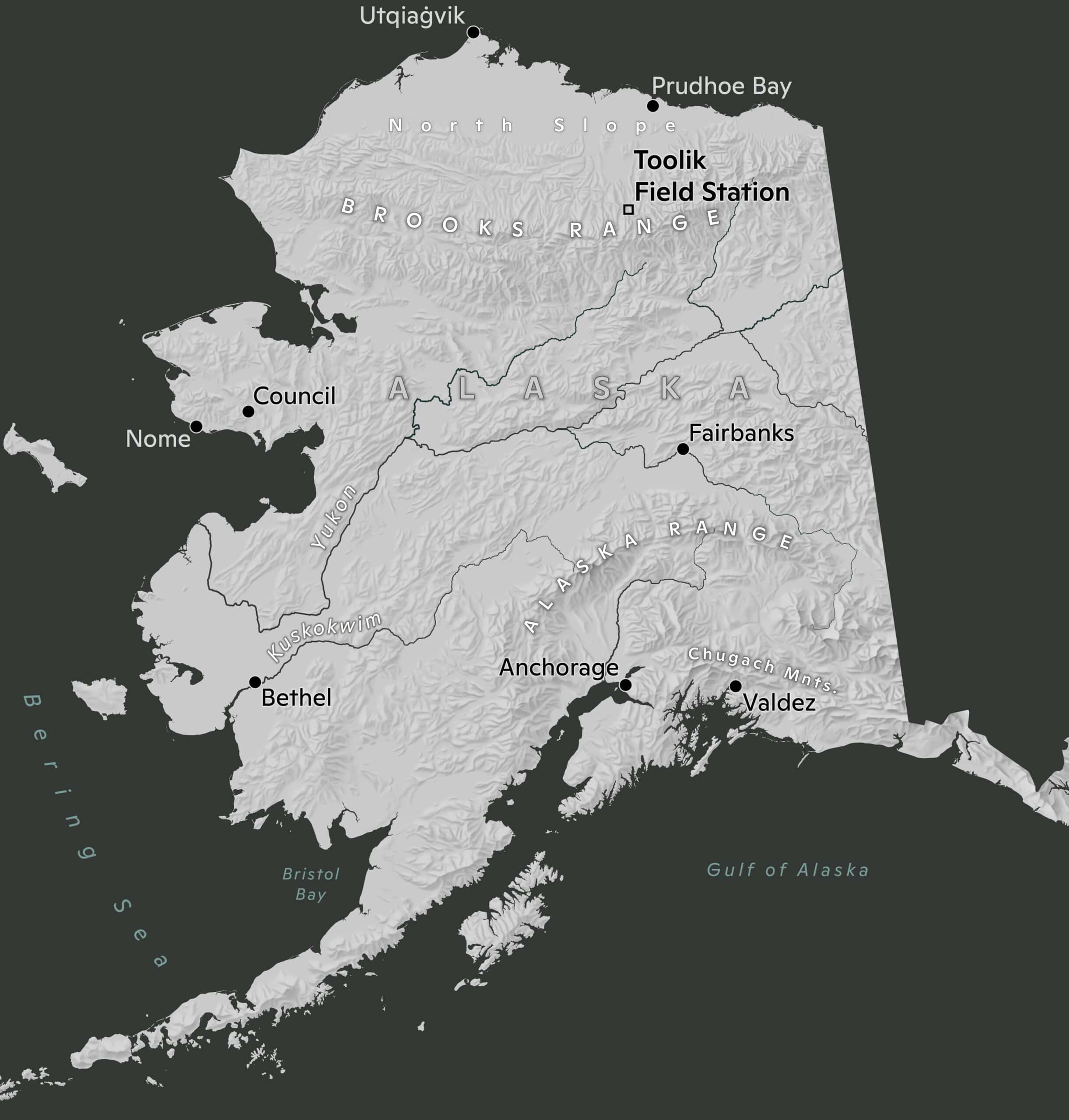 map of alaska on a dark grey background with toolik field station noted