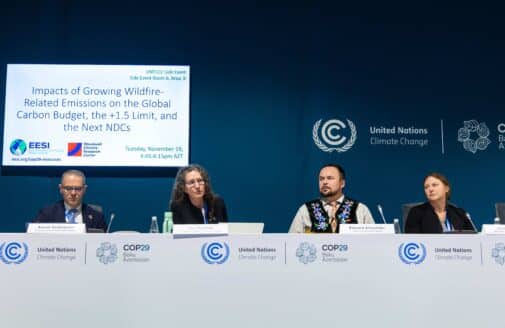 experts sit on a panel at COP29. a screen behind them says "impacts of growing wildfire-related emissions on the global carbon nudget, the +1.5 limit, and the next NDCs"