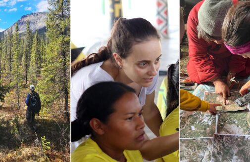 three photos: Alaska forest, GIS workshop in Brazil, people looking at a map in Mongolia