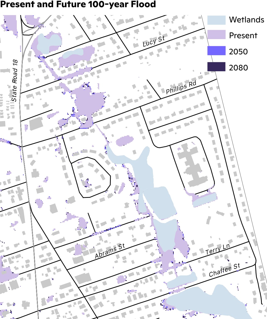 map of Present-Day and Future 100-Year Flood extent