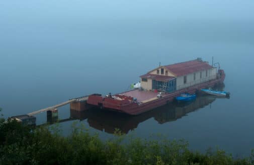 Fogged in barge in Cherskiy, Siberia, photo by Chris Linder