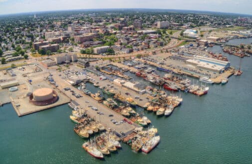 aerial view of New Bedford from the water