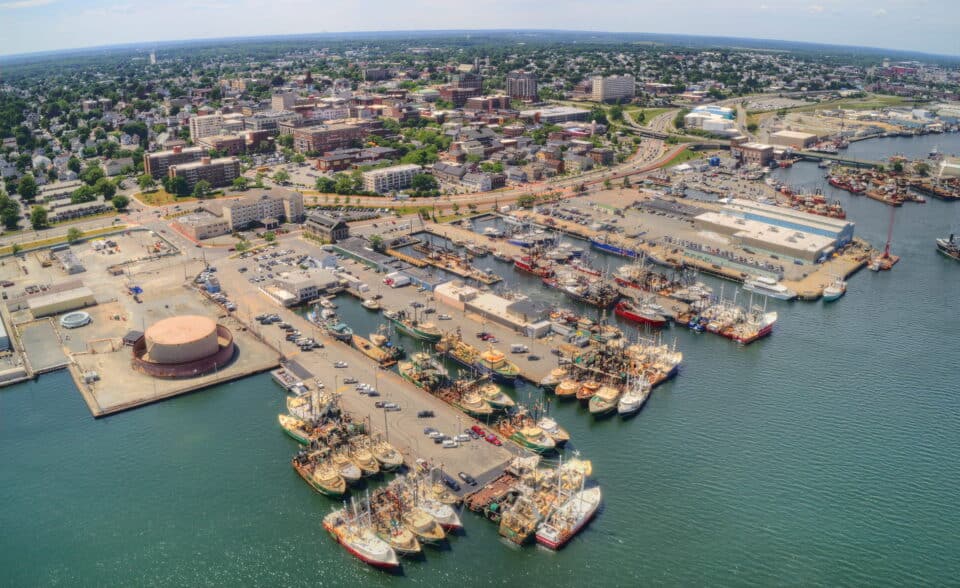 aerial view of New Bedford from the water