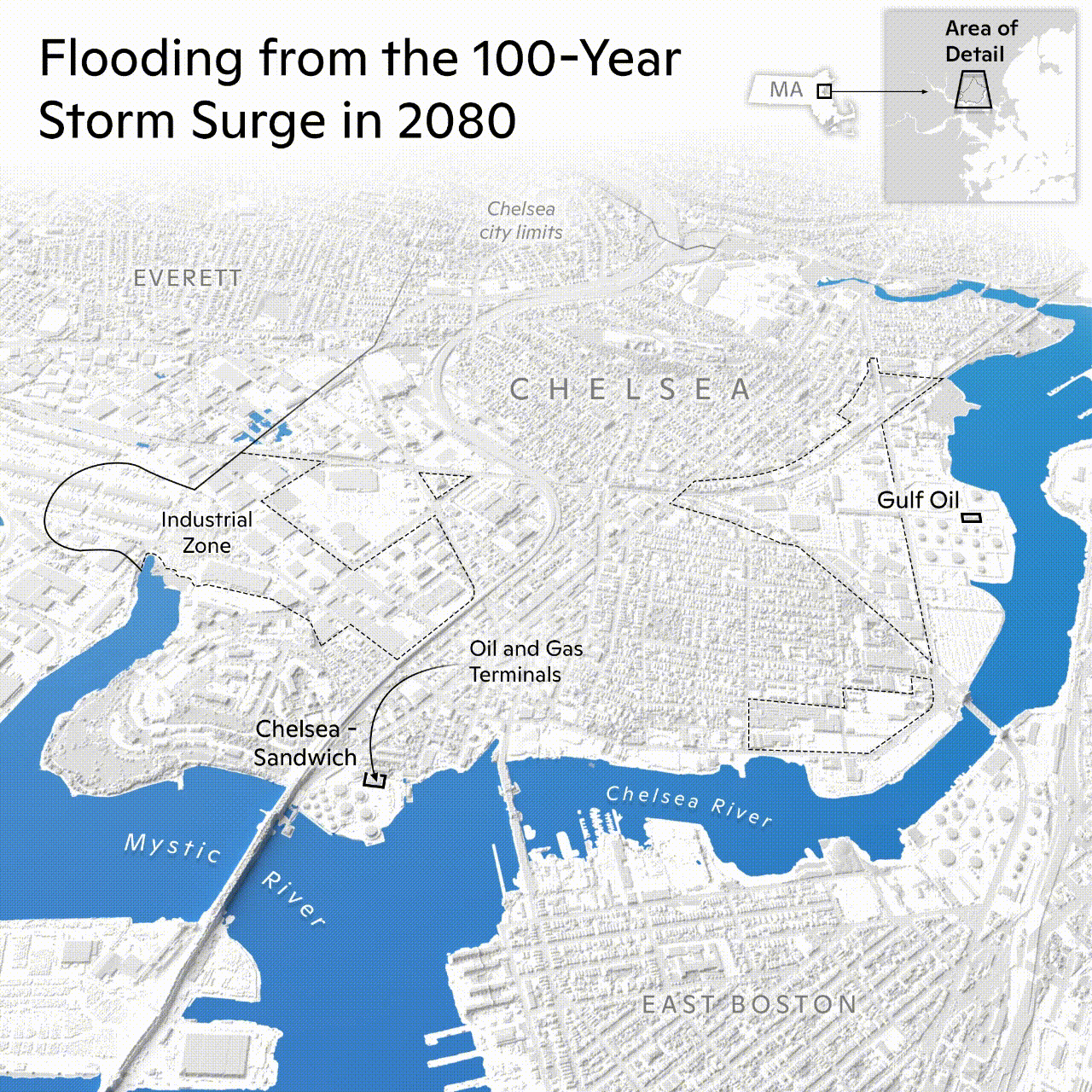 GIF showing town of chelsea storm surge by 2080