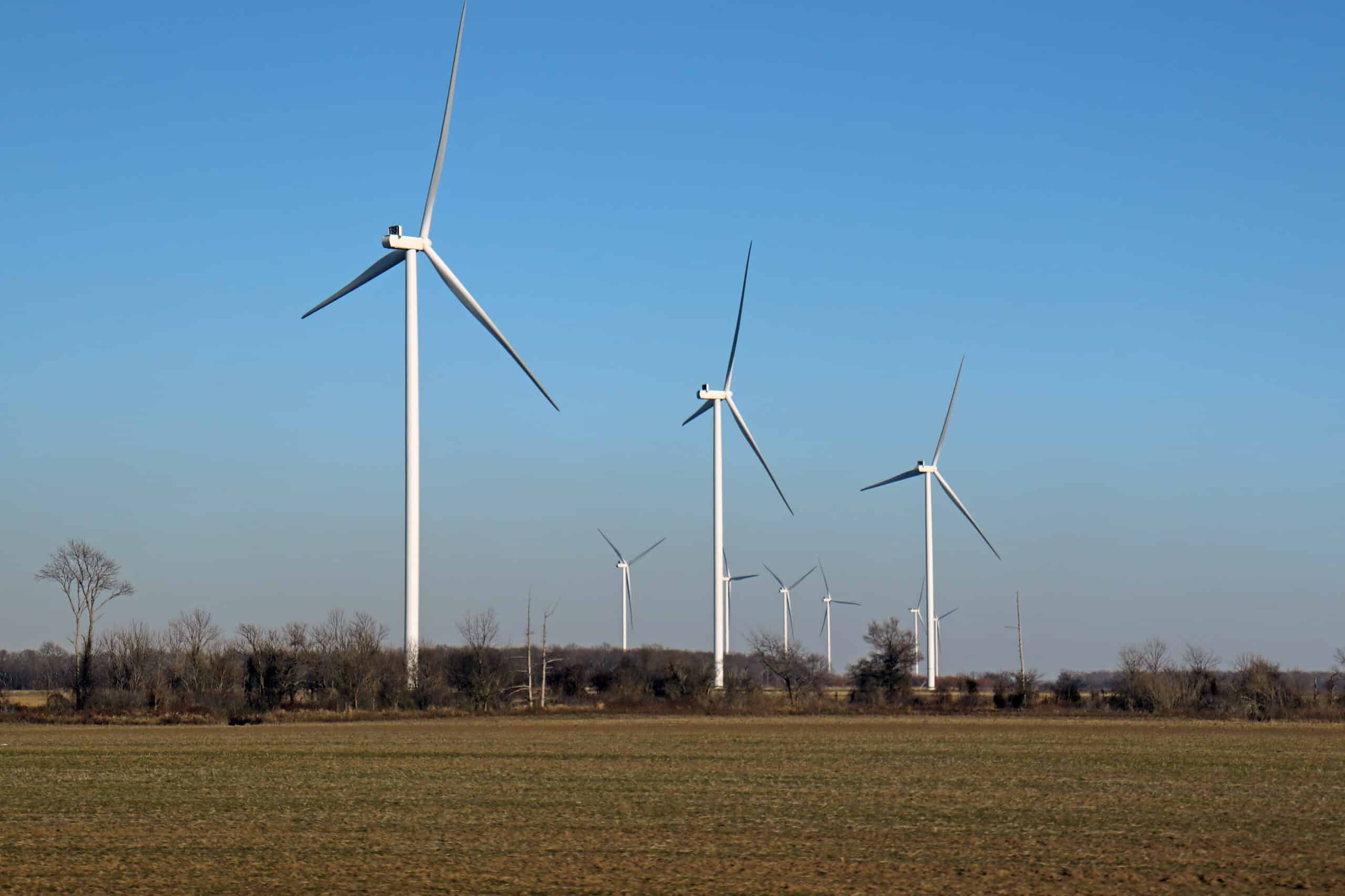 Wind turbines above farm fields in the Mississippi River region