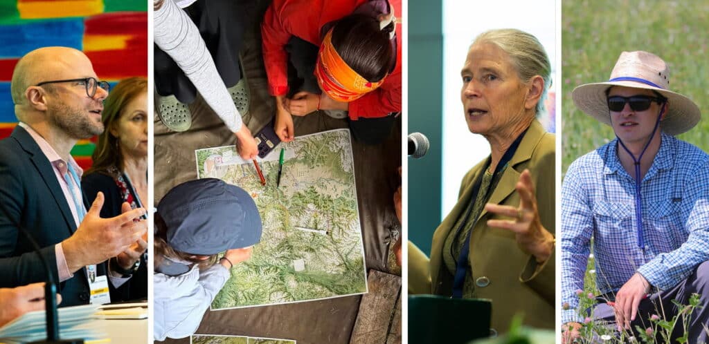 Collage with 4 photos that show Woodwell scientists speaking at events and working in the field.