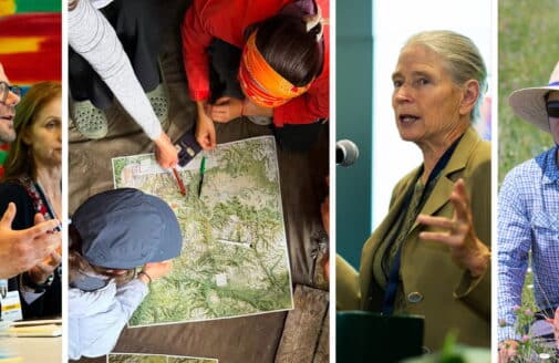 Collage with 4 photos that show Woodwell scientists speaking at events and working in the field.