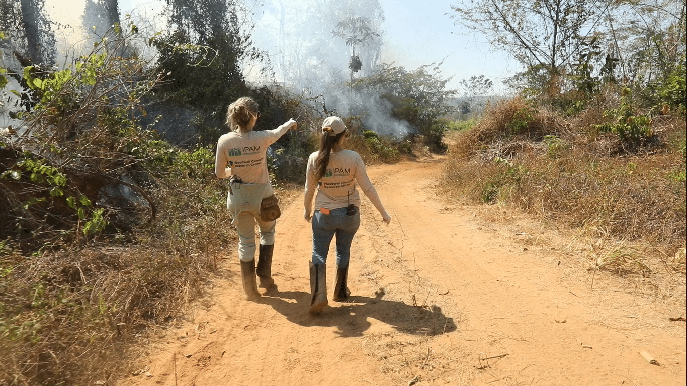 two woodwell scientists point at fire in amazon brush
